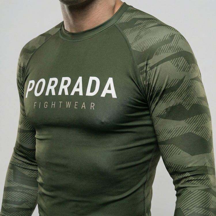 Green camo long sleeve rash guard for BJJ and MMA