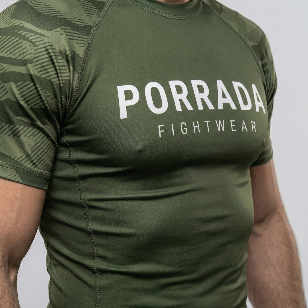 Green camo short sleeve rash guard for BJJ and MMA