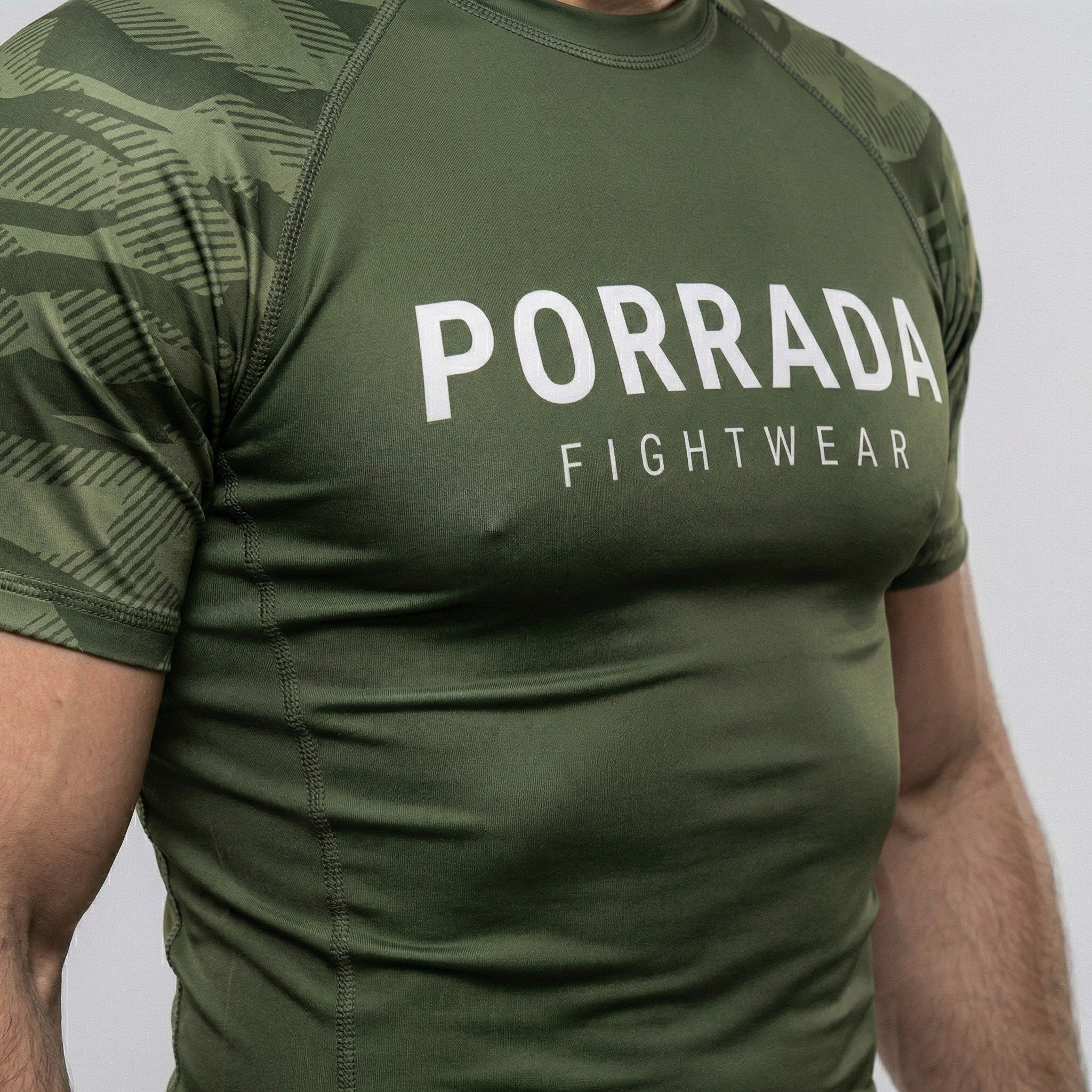 Green camo short sleeve rash guard for BJJ and MMA