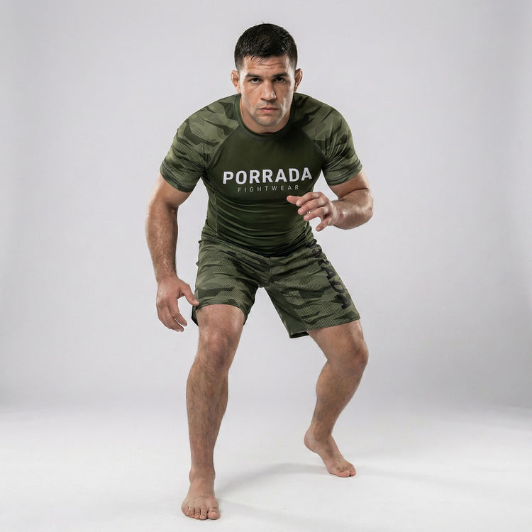 Green camo short sleeve rash guard for BJJ and MMA