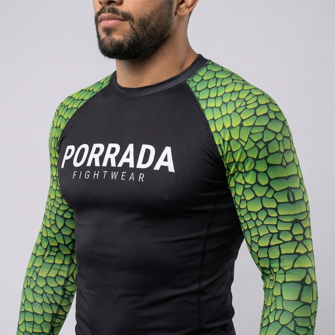 Long sleeve rash guard featuring Croco design on the sleeves for BJJ or MMA