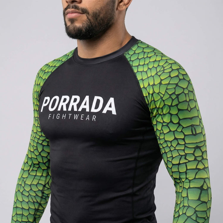 Long sleeve rash guard featuring Croco design on the sleeves for BJJ or MMA