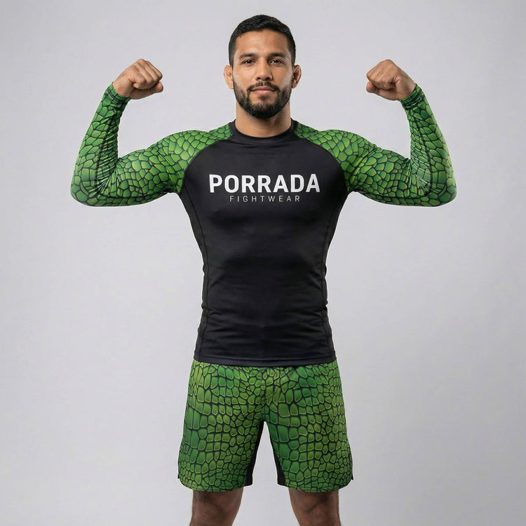 Athletic long sleeve rash guard with Croco pattern on sleeves for BJJ and MMA
