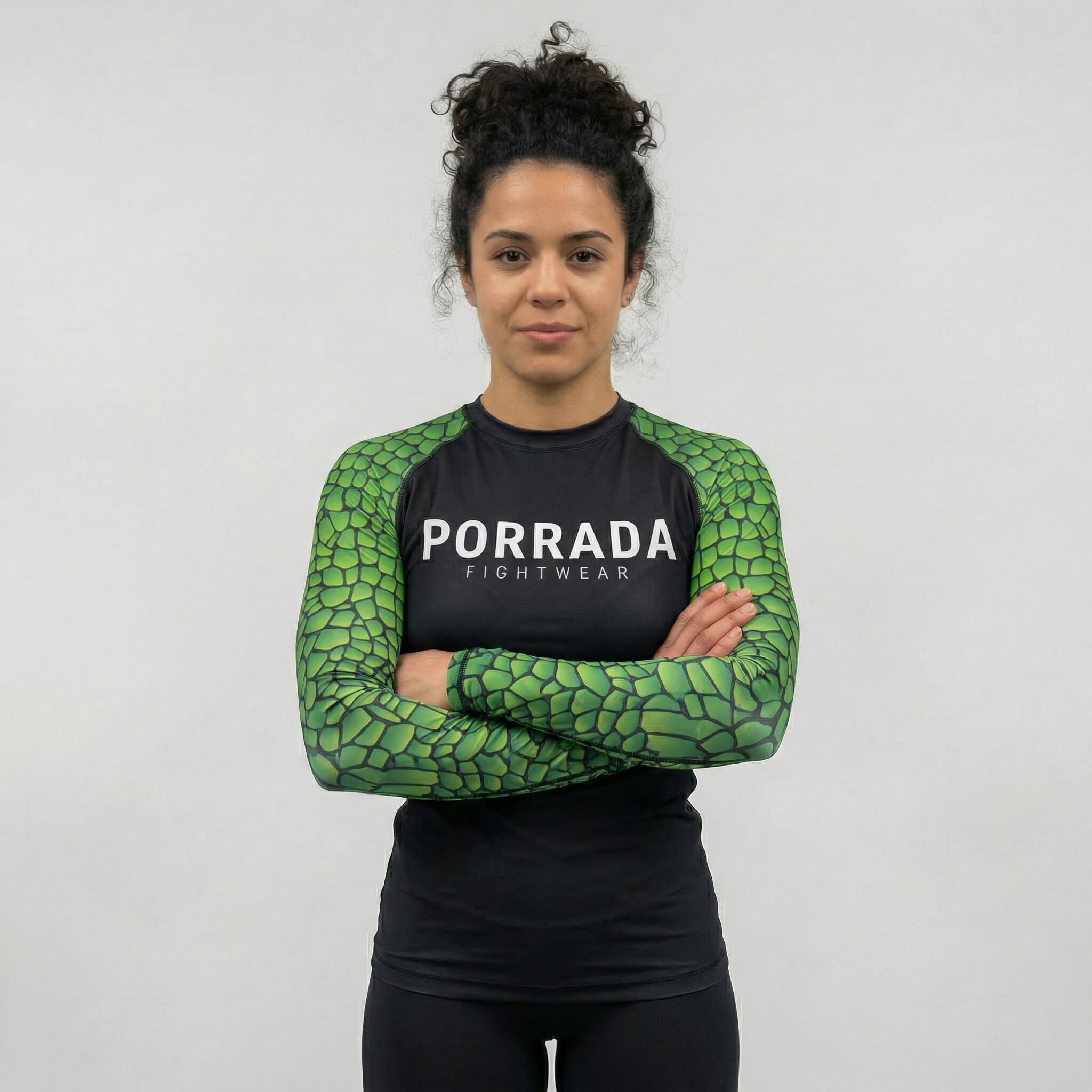 Competition-ready women’s Croco long sleeve rash guard for BJJ and MMA
