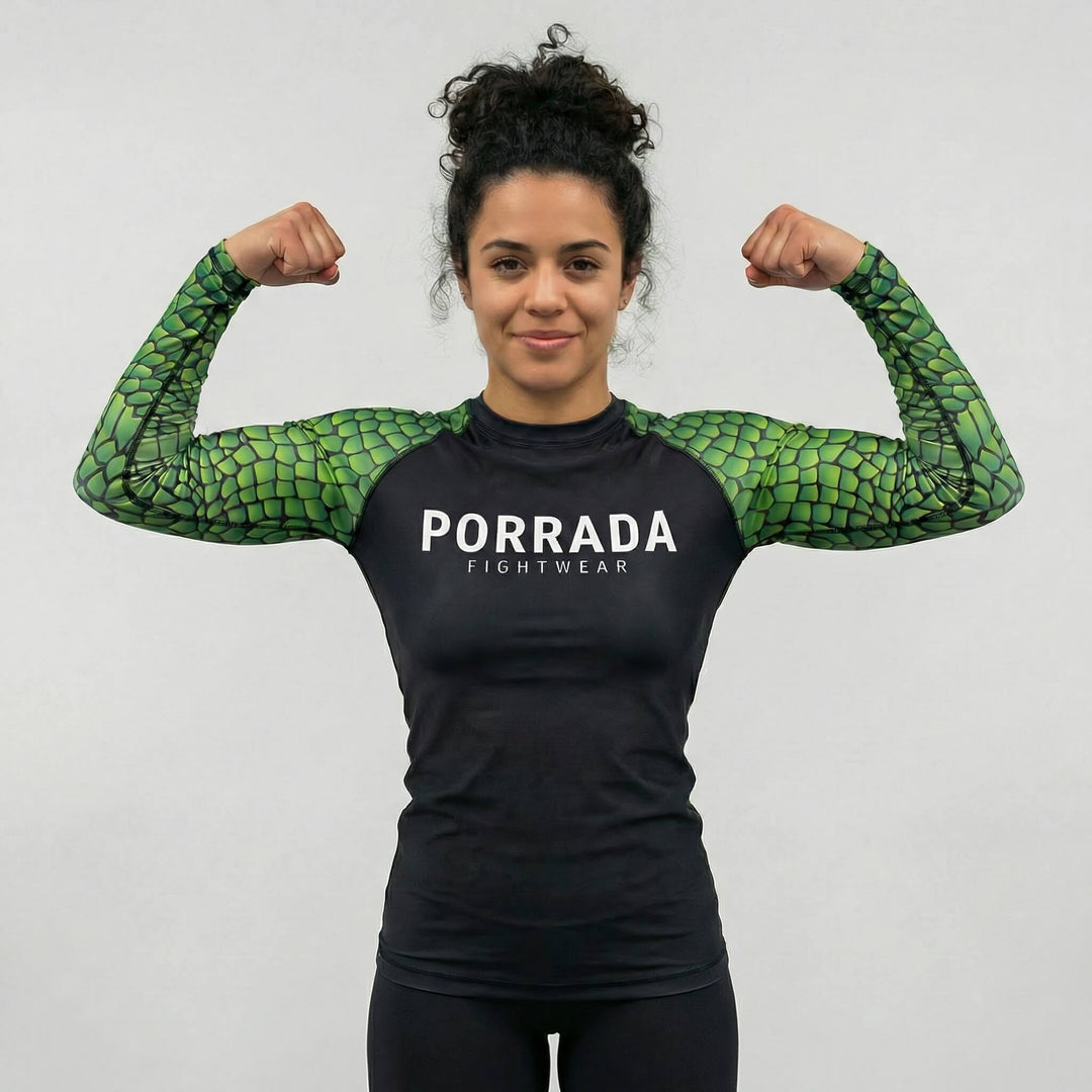 Performance women’s long sleeve rash guard for BJJ and MMA