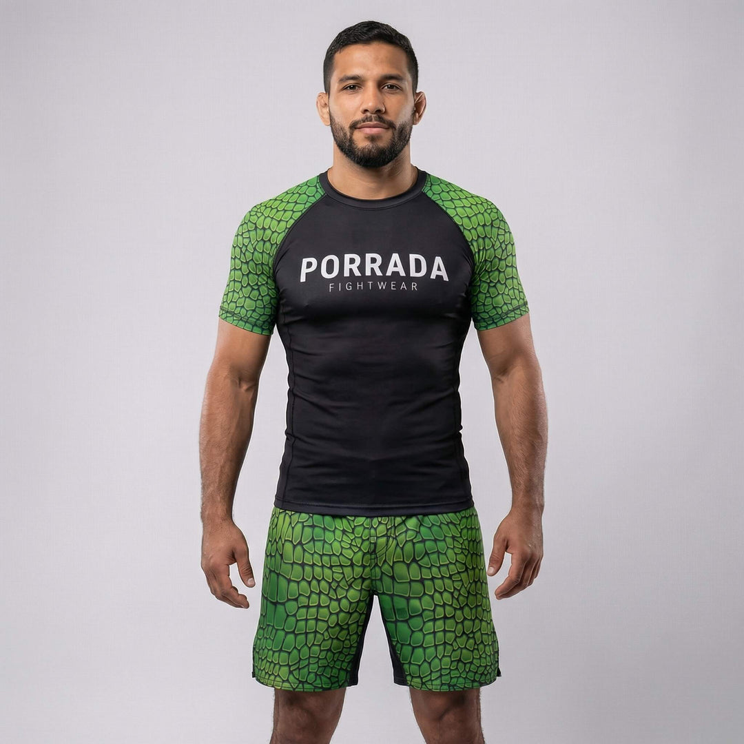 Front view of short sleeve Croco rash guard for BJJ and MMA