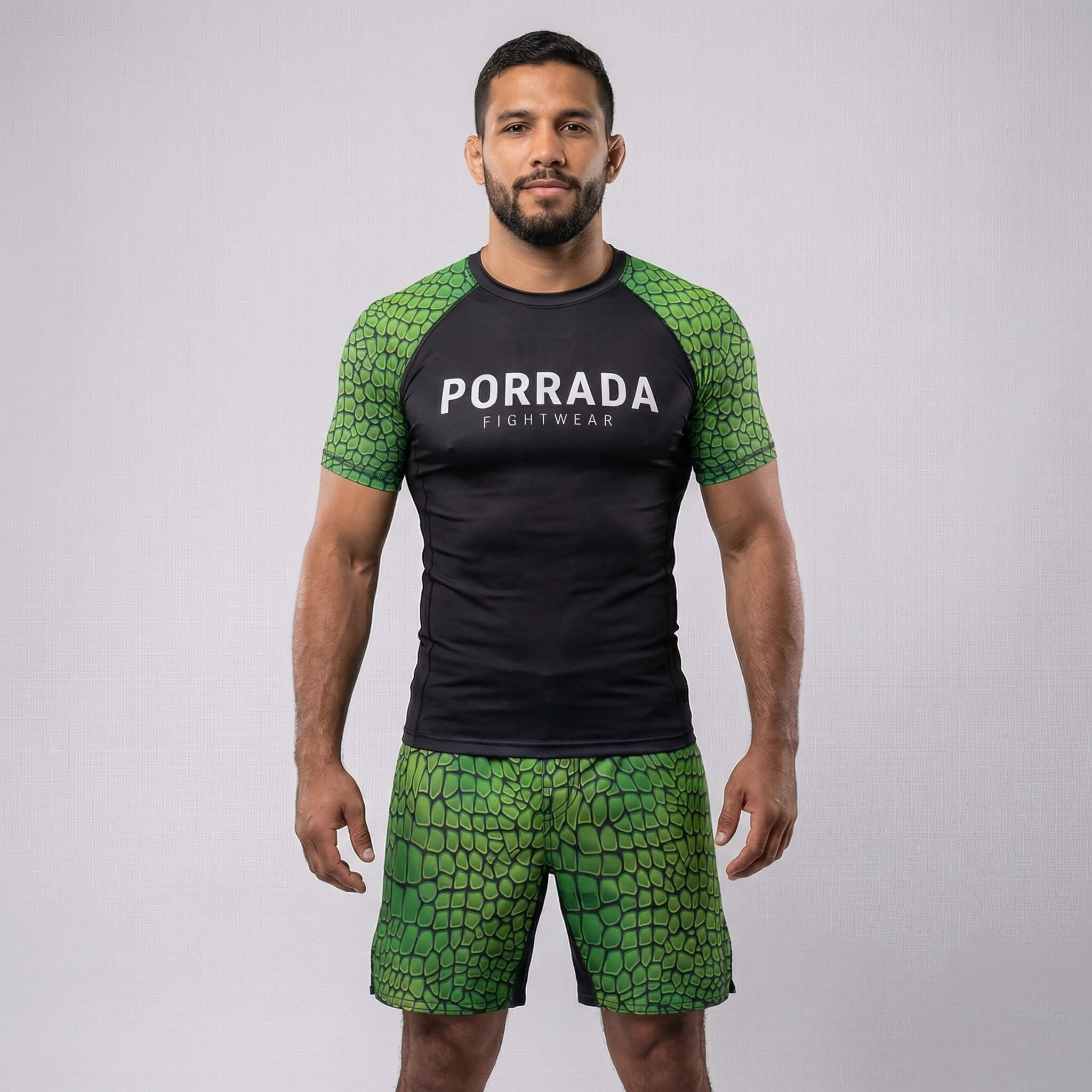 Front view of short sleeve Croco rash guard for BJJ and MMA