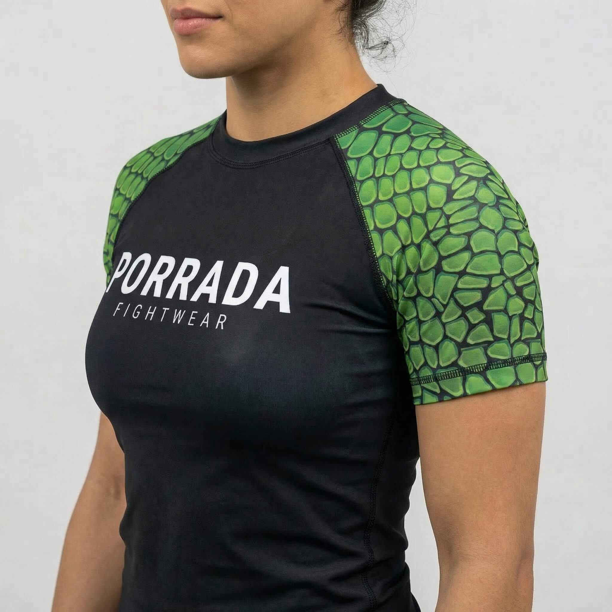 Women’s short sleeve rash guard with Croco design for BJJ or MMA
