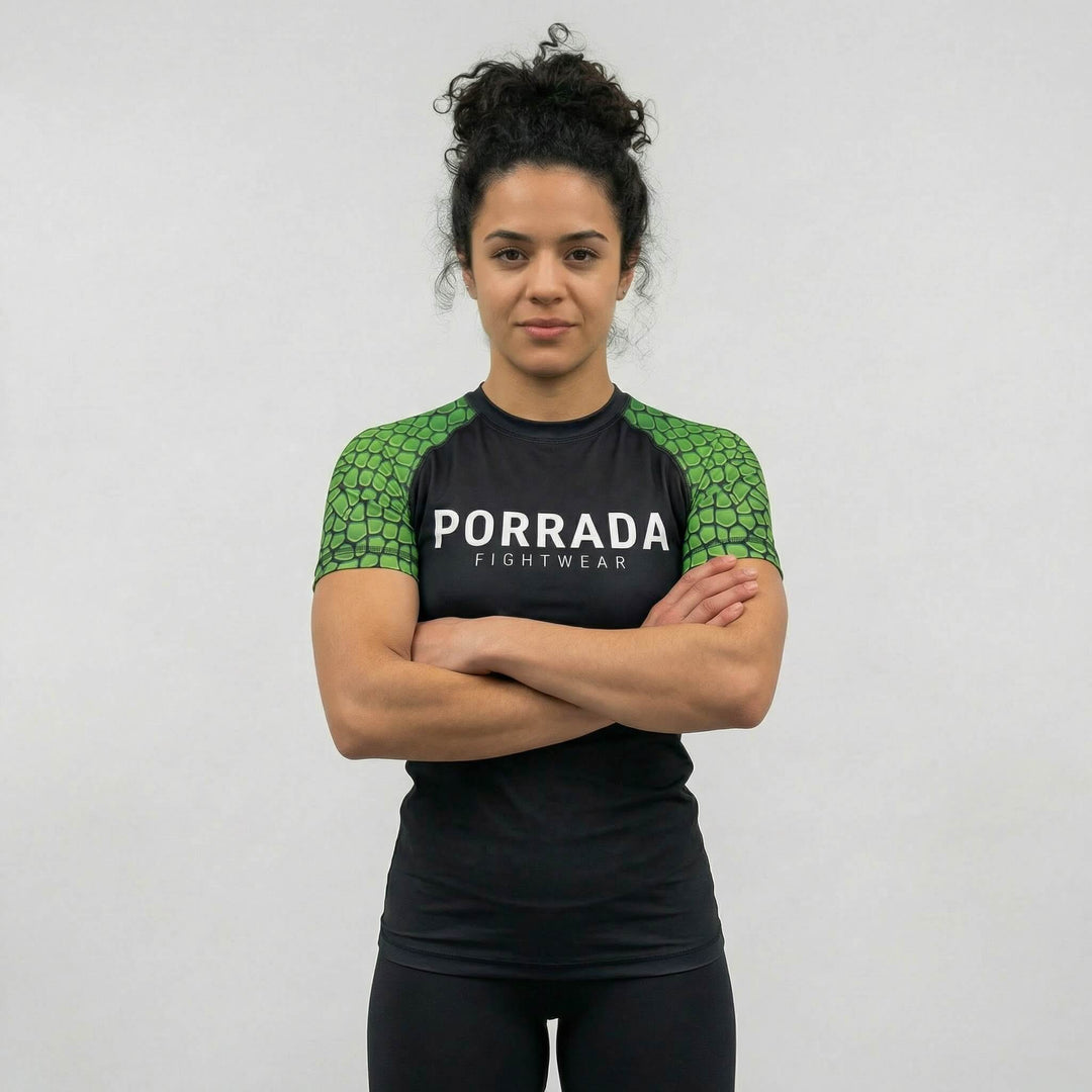 Female athlete wearing Croco print short sleeve rash guard
