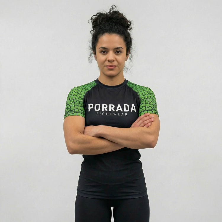 Female athlete wearing Croco print short sleeve rash guard