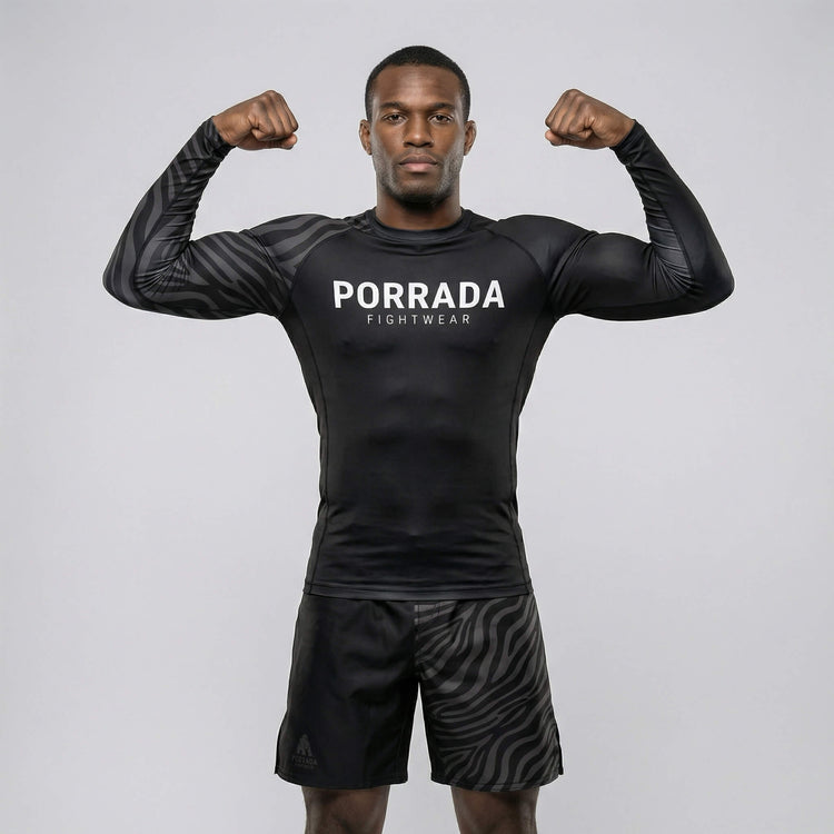 IBJJF-compliant black ranked long sleeve rash guard for BJJ and MMA