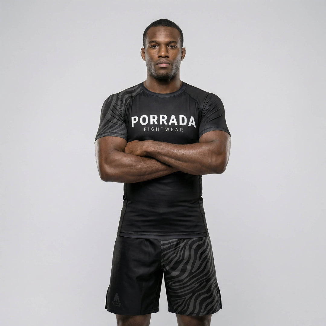 Short sleeve IBJJF black rank rash guard for no-gi tournaments