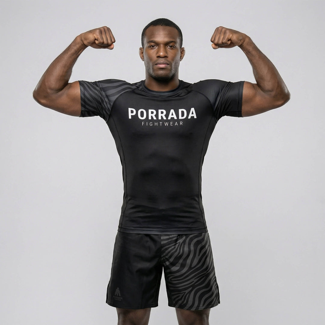 Performance short sleeve IBJJF black ranked rash guard for grappling