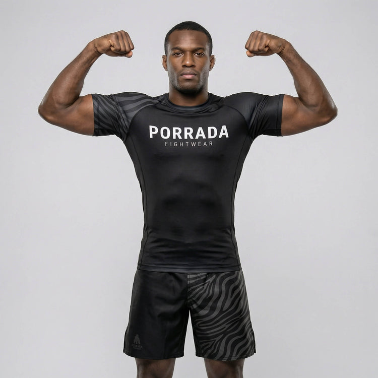 Performance short sleeve IBJJF black ranked rash guard for grappling