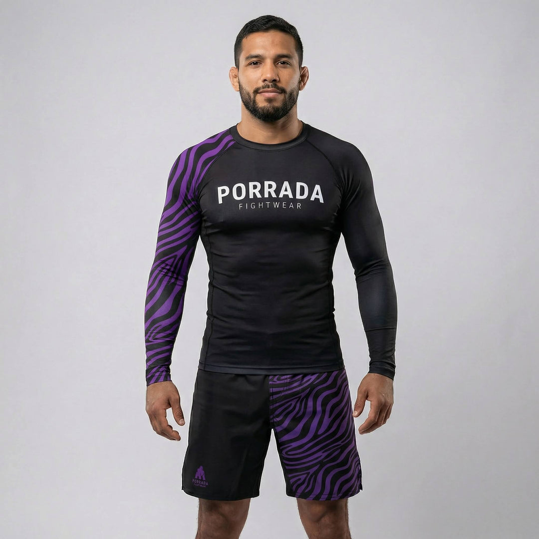 Actual photo of IBJJF approved purple ranked BJJ rash guard