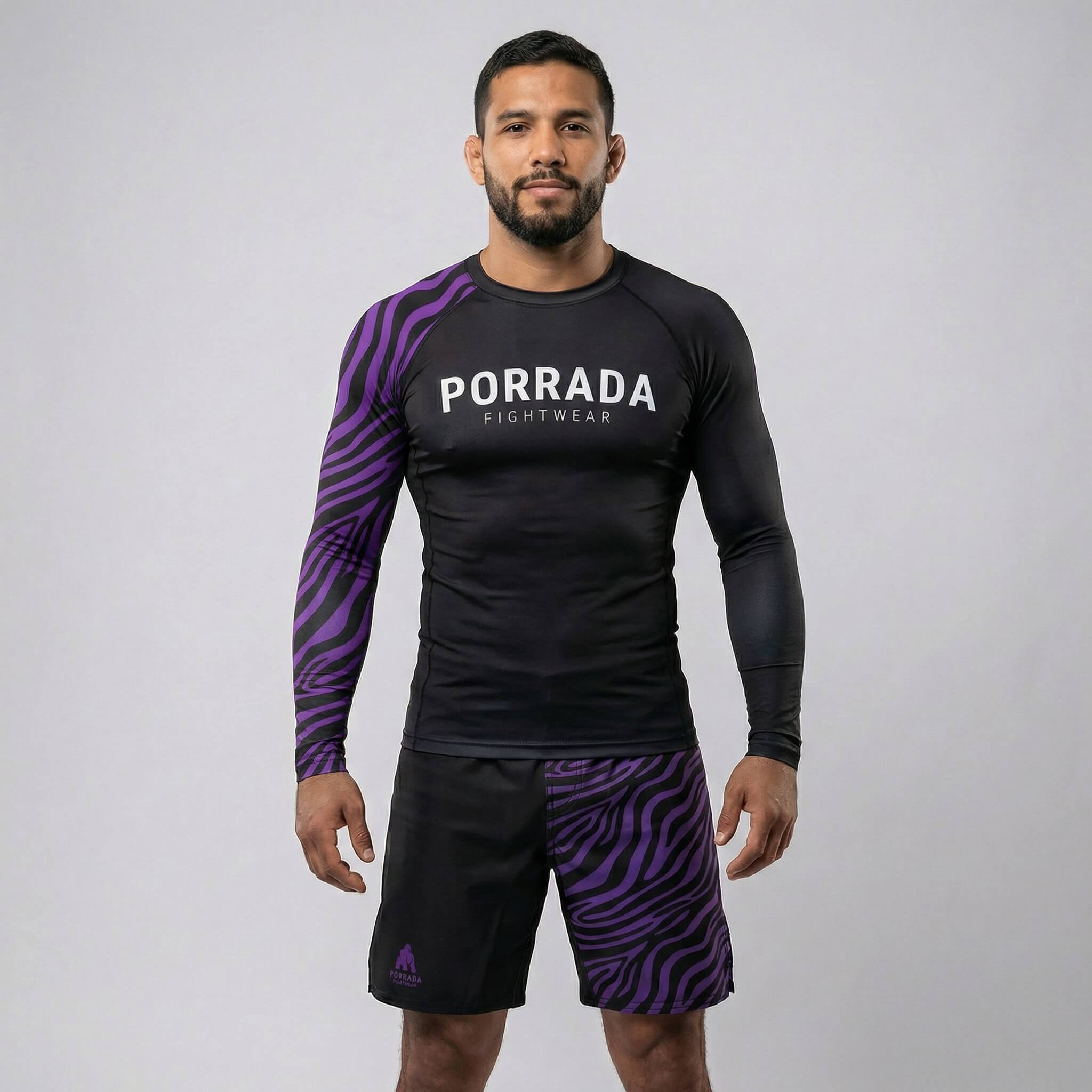 Actual photo of IBJJF approved purple ranked BJJ rash guard