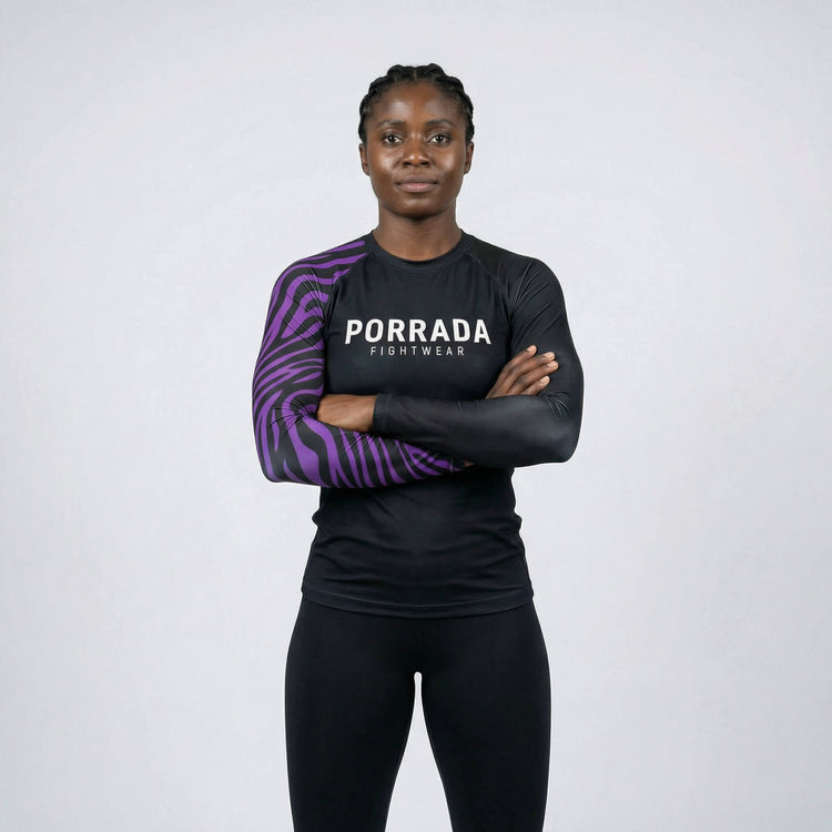 Actual view of an IBJJF‑legal purple ranked BJJ rash guard for women