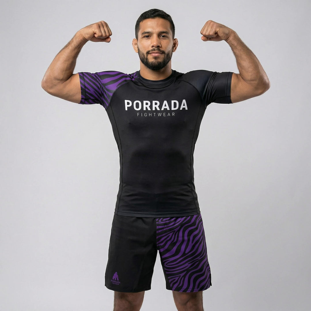 Competition-ready purple belt short sleeve rash guard