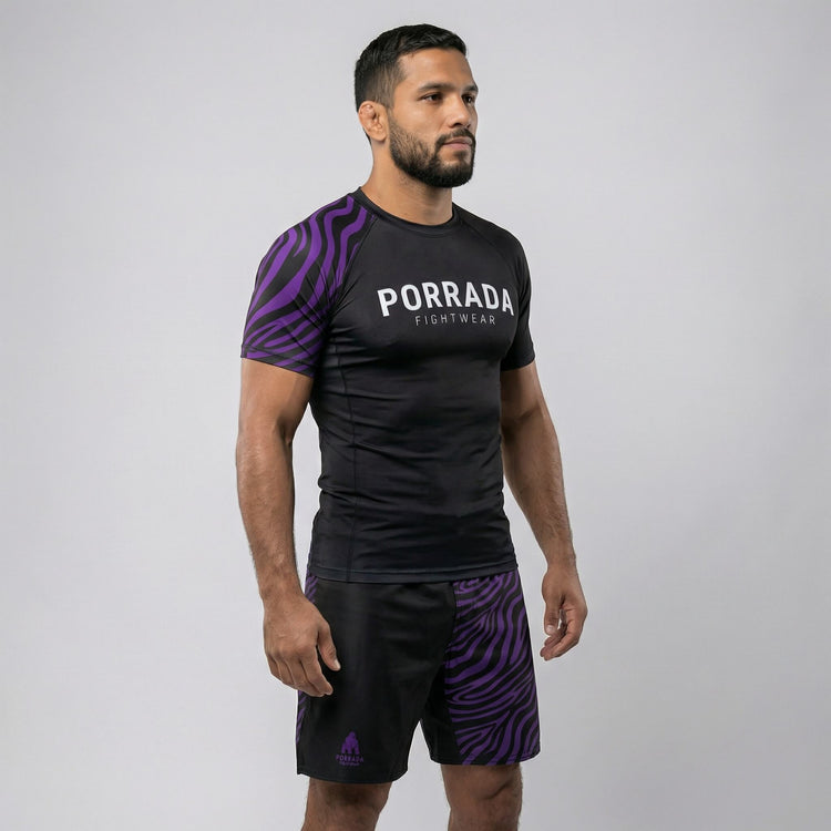 IBJJF‑legal purple ranked short sleeve rash guard for BJJ and MMA