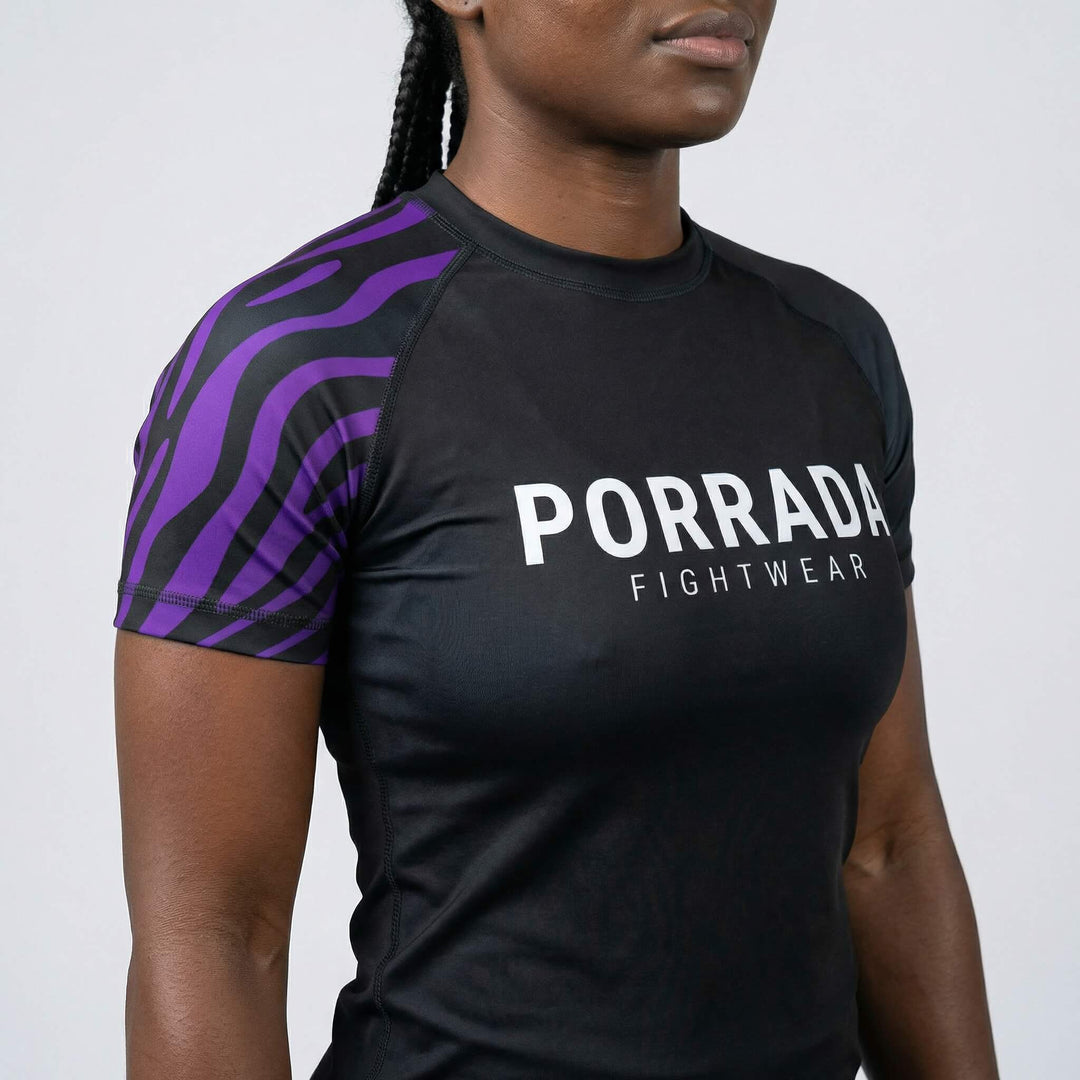 Women’s IBJJF‑legal purple ranked short sleeve BJJ rash guard