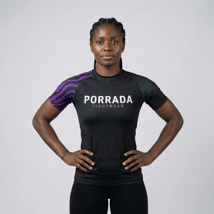 Short sleeve purple belt BJJ rash guard for women