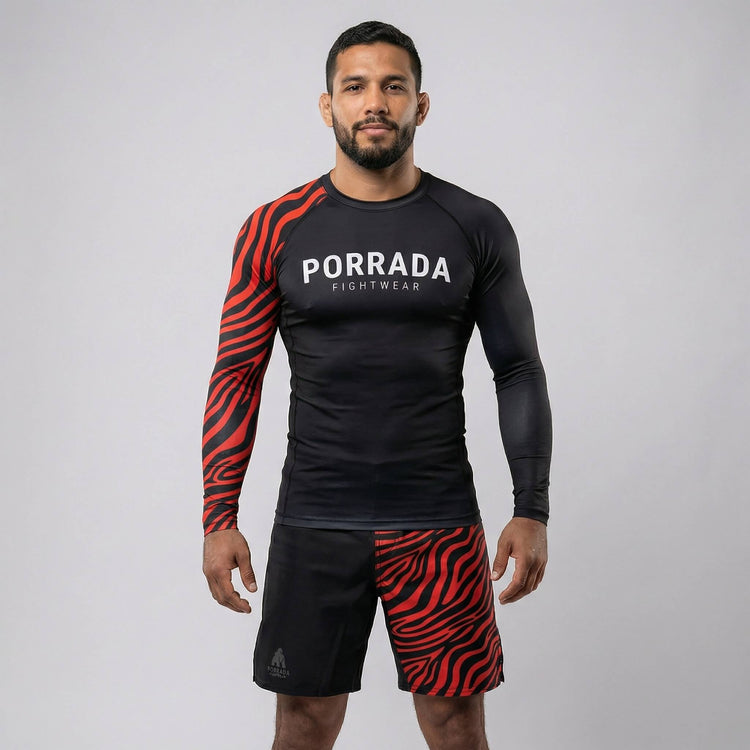 Men’s long-sleeve BJJ rash guard in IBJJF Red Black colors for training and tournaments