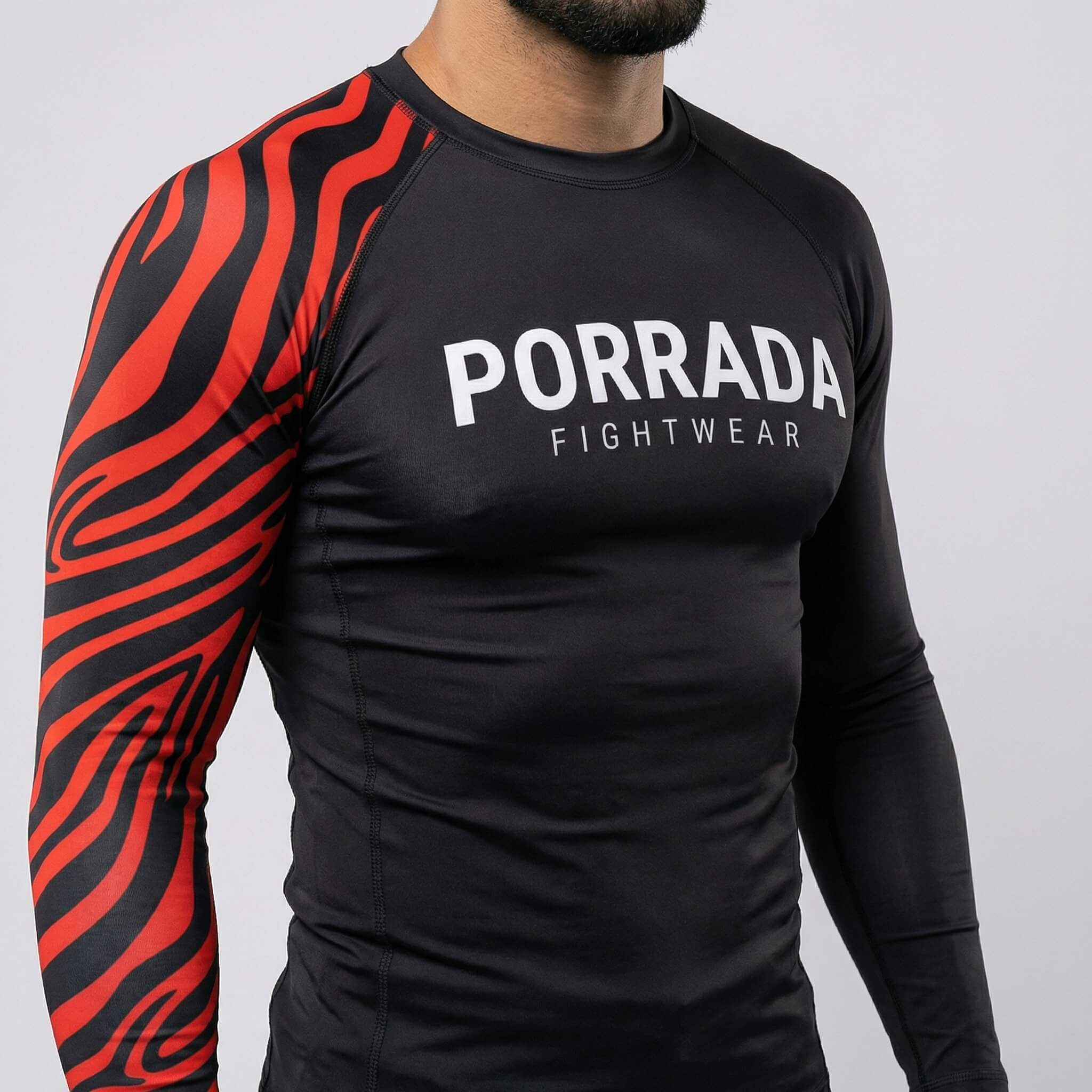 Men’s IBJJF Red Black ranked long-sleeve rash guard for BJJ training and competition