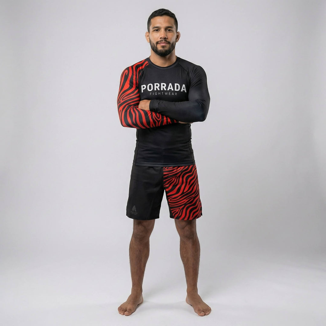 Performance men’s rash guard with IBJJF Red Black ranked design for Brazilian Jiu-Jitsu