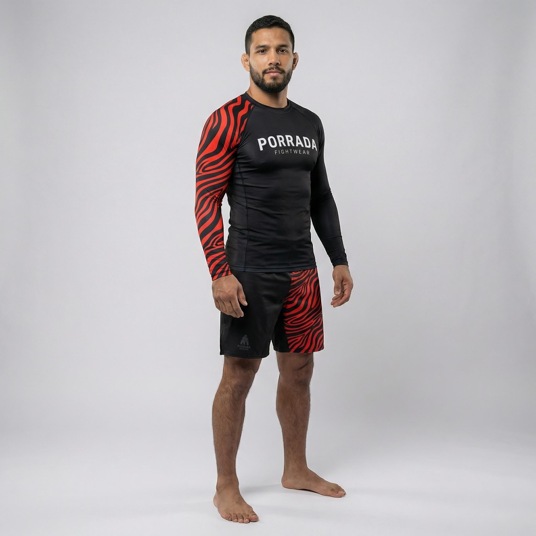 IBJJF Red and Black long-sleeve rash guard for men, designed for grappling and BJJ