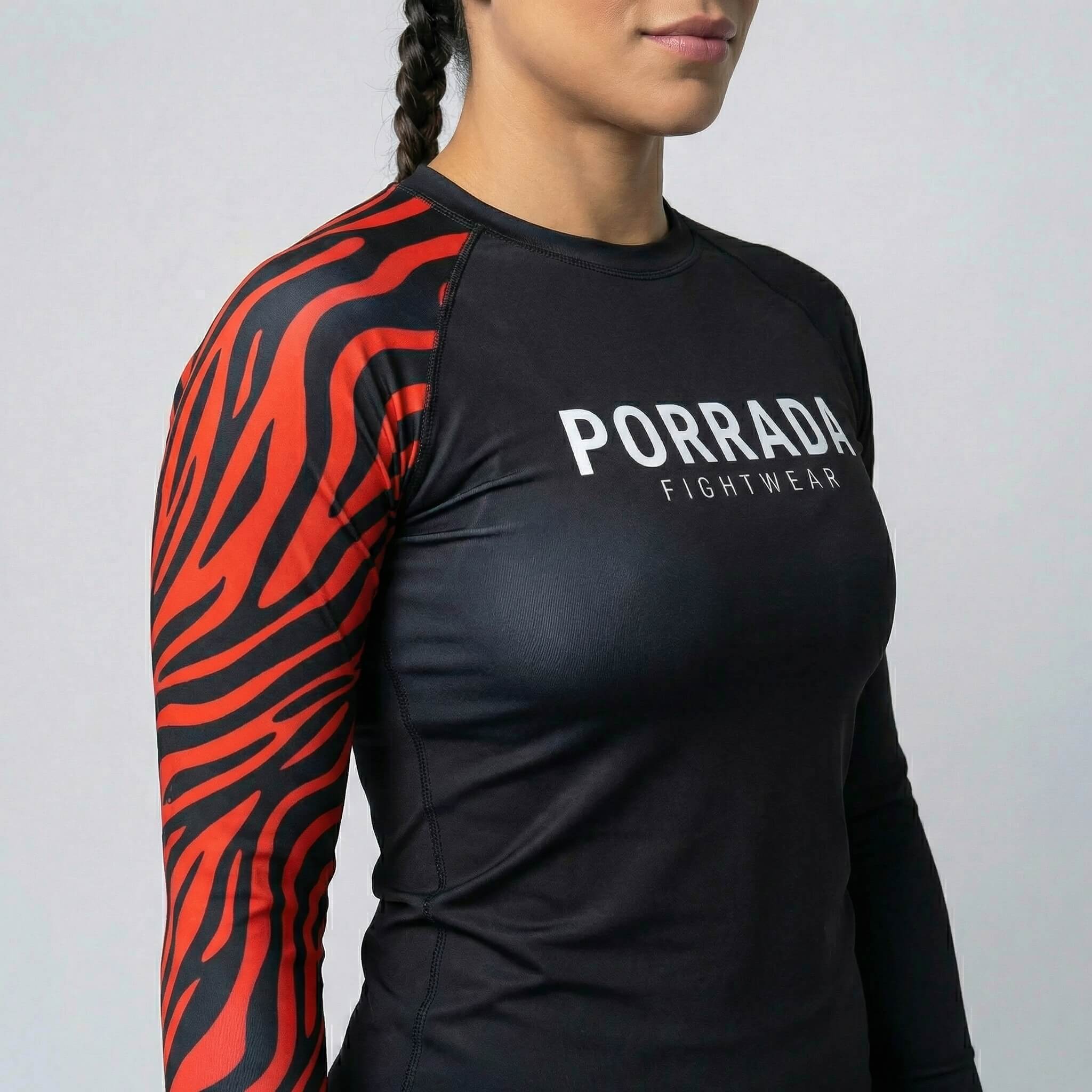 Women’s IBJJF Red Black ranked long-sleeve rash guard for BJJ and MMA training