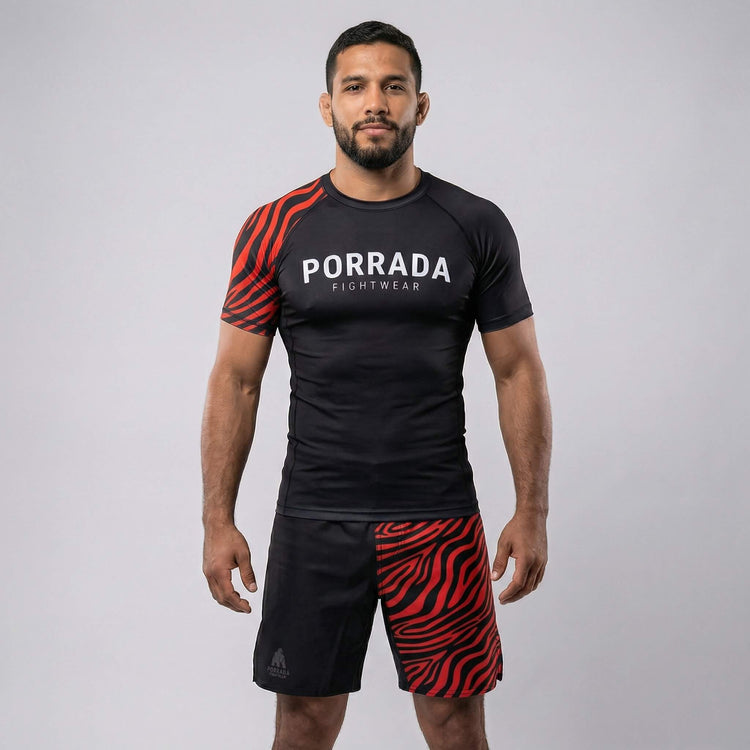 IBJJF Red and Black fight shorts designed for grappling and competition