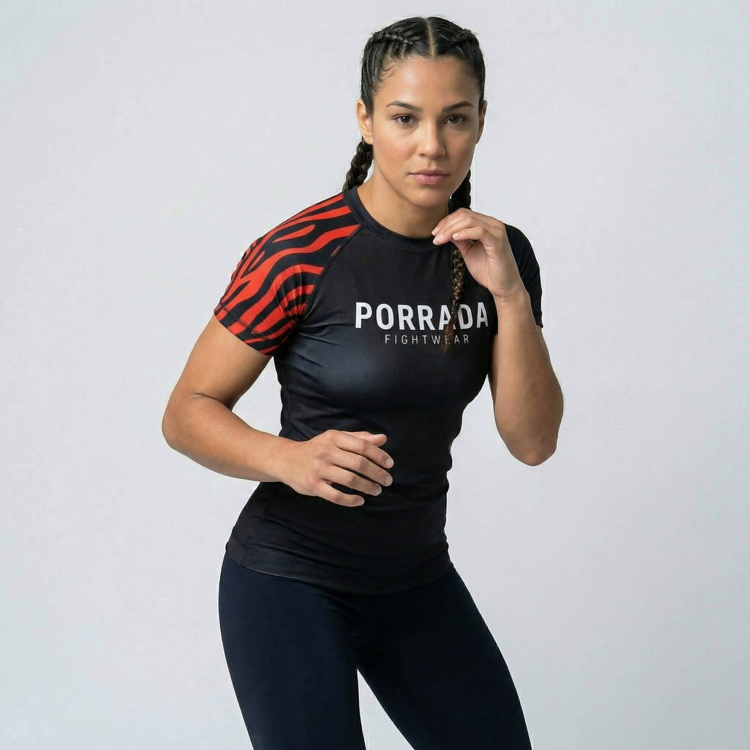Women’s red belt grappling rash guard for BJJ and MMA