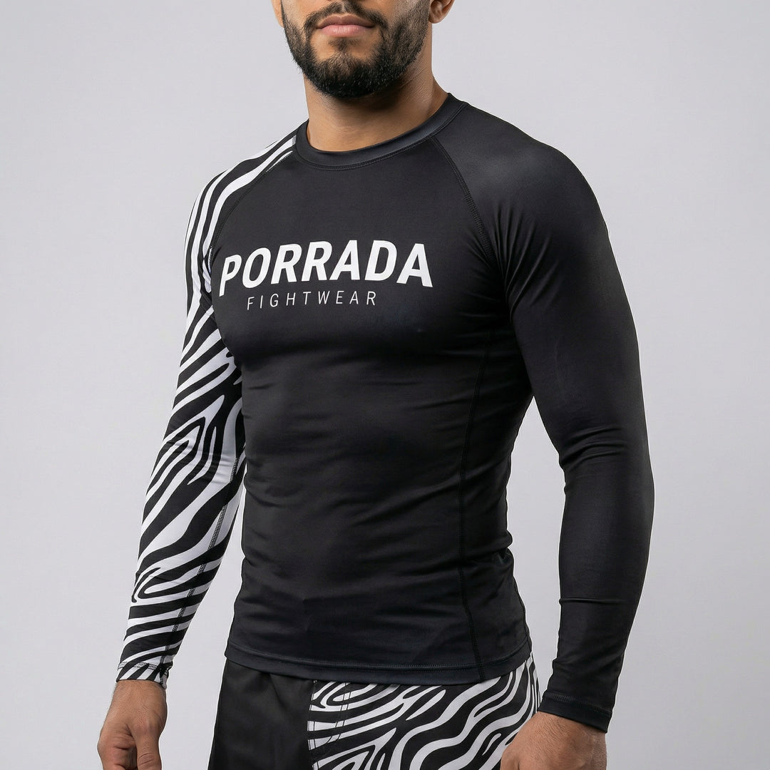 White ranked long sleeve rash guard for BJJ and MMA