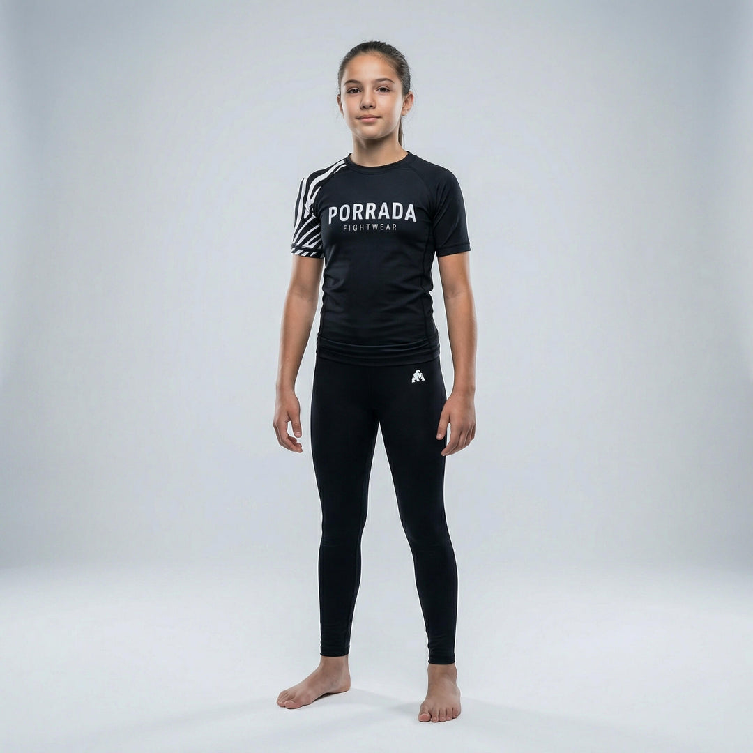 IBJJF Legal white belt kids' short sleeve rash guard for BJJ and MMA