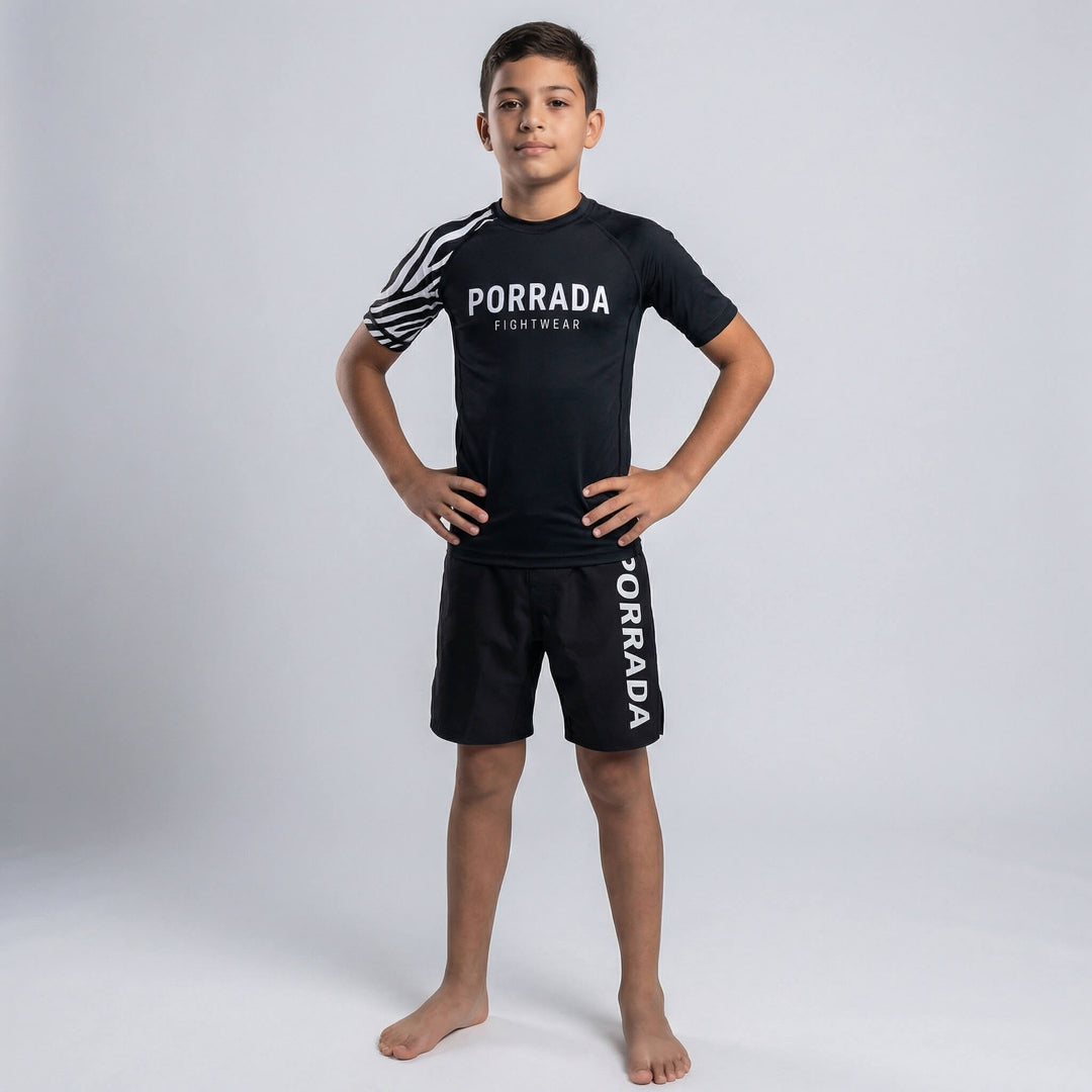 IBJJF Legal white belt short sleeve rash guard for kids' BJJ and MMA training