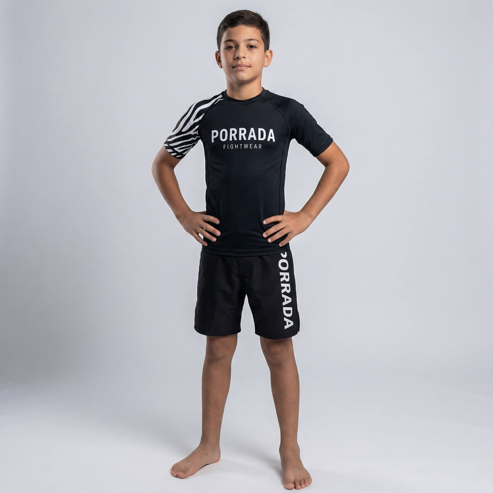 IBJJF Legal white belt short sleeve rash guard for kids' BJJ and MMA training