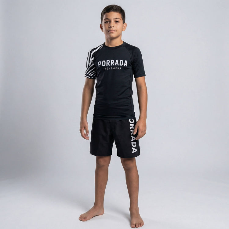 Kids' IBJJF Legal white belt short sleeve rash guard for grappling and MMA