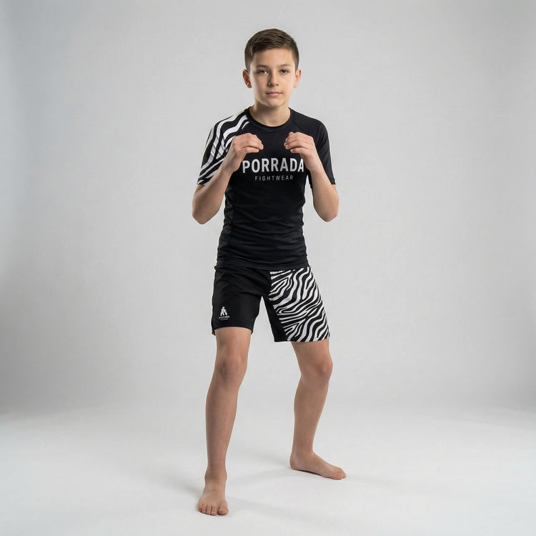 Kids' IBJJF Legal white belt short sleeve rash guard for BJJ athletes