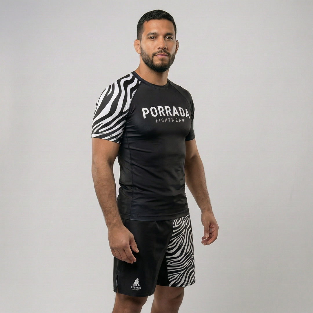 White ranked short sleeve rash guard for BJJ and MMA