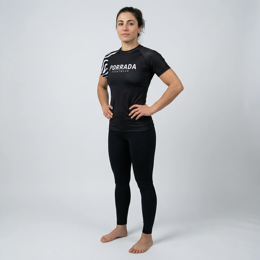 Competition‑ready women’s white ranked rash guard for BJJ and MMA