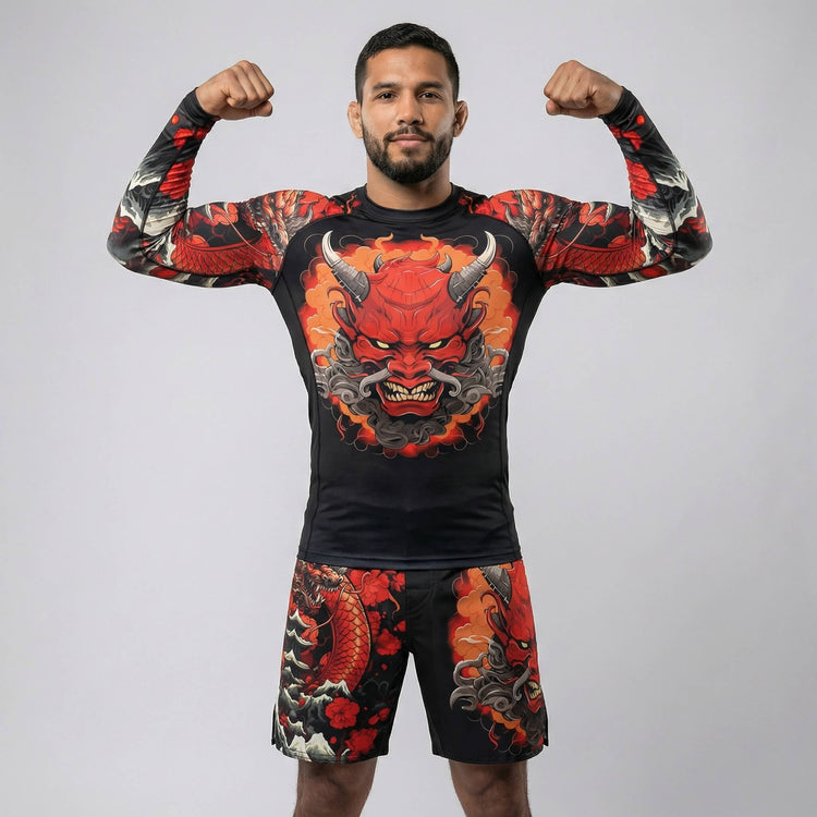 Rash guard featuring bold Kaido Dragon graphic design for BJJ and MMA
