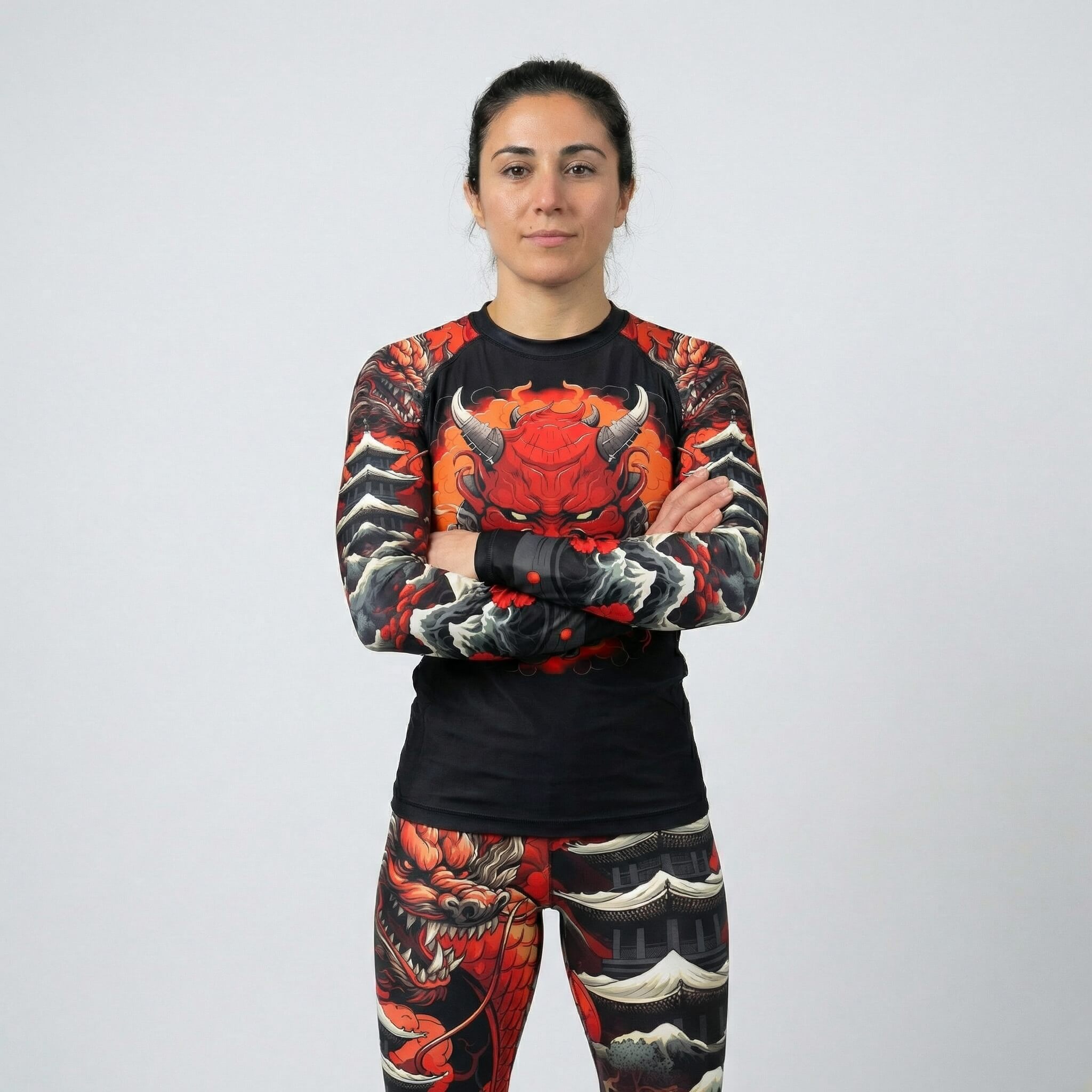 Bold graphic Kaido Dragon women’s long sleeve rash guard for BJJ and MMA