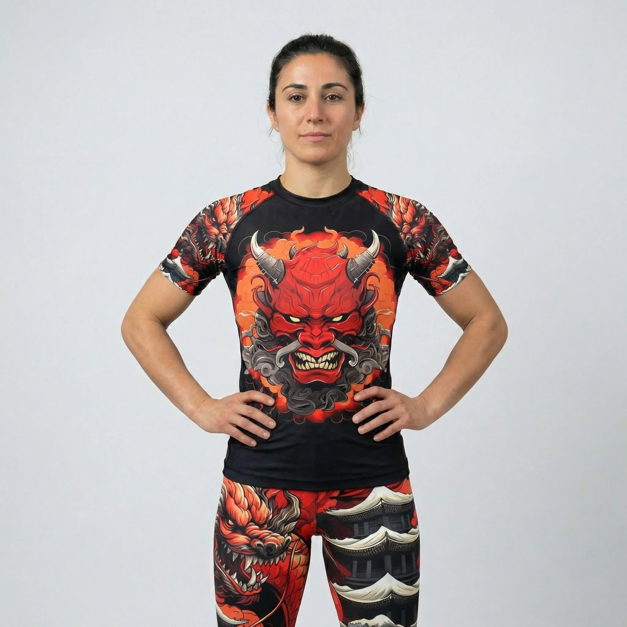 Front view of women’s Kaido Dragon short sleeve rash guard