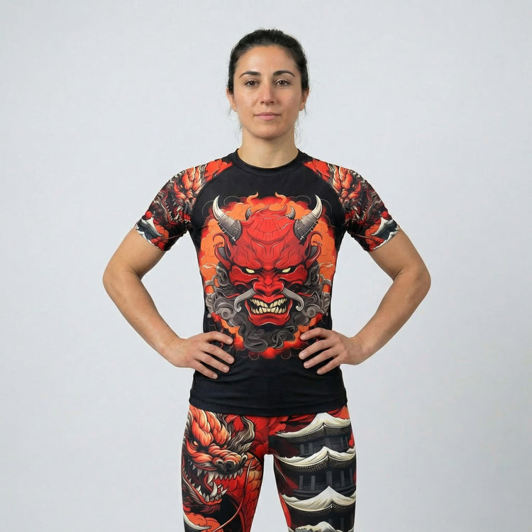 Front view of women’s Kaido Dragon short sleeve rash guard