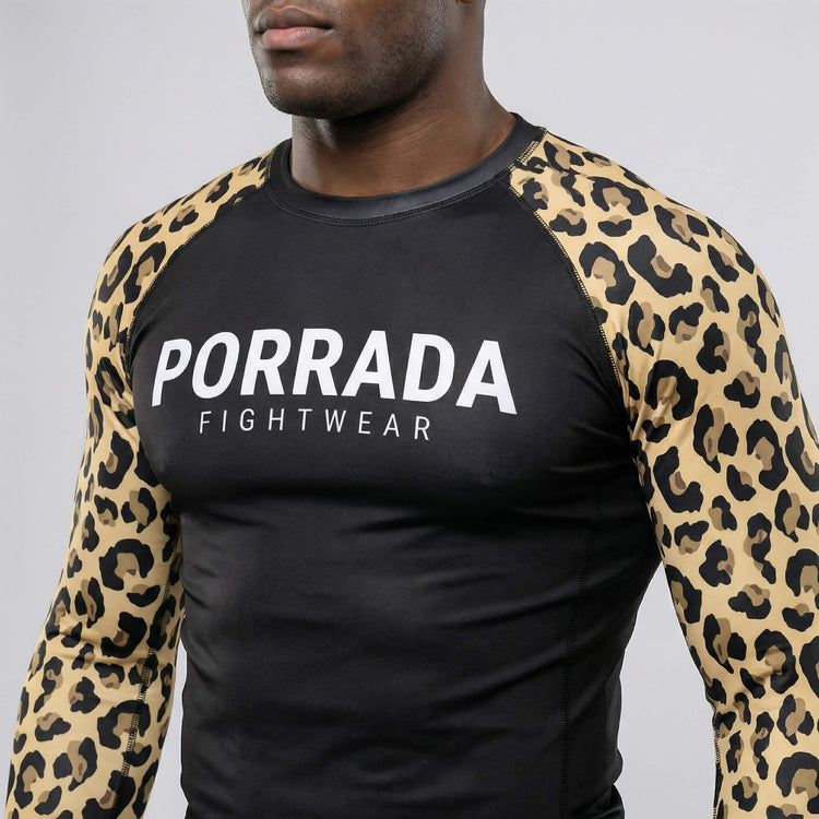 Long sleeve rash guard featuring bold leopard pattern for BJJ and MMA