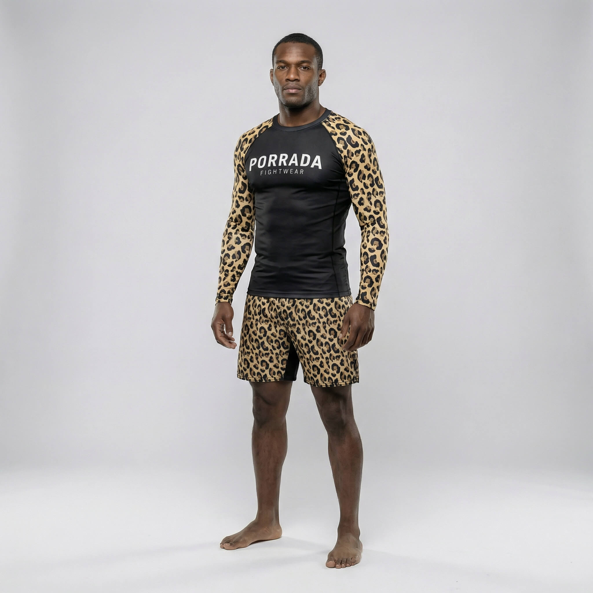 Performance rash guard featuring leopard print for grappling