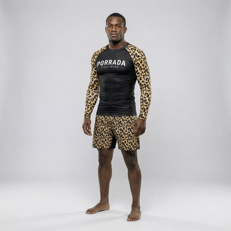 Performance rash guard featuring leopard print for grappling