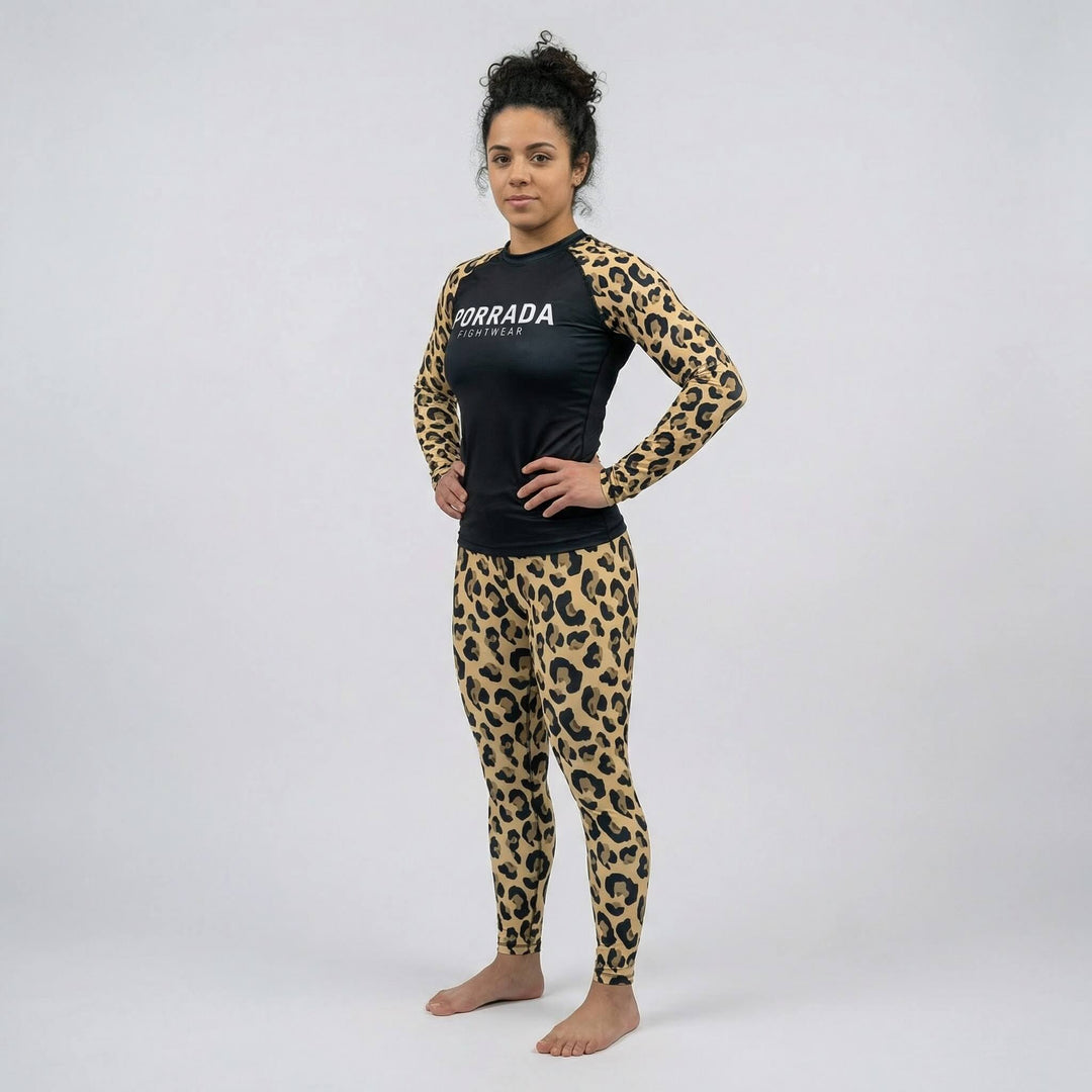 Athletic women’s long sleeve leopard rash guard for BJJ and MMA