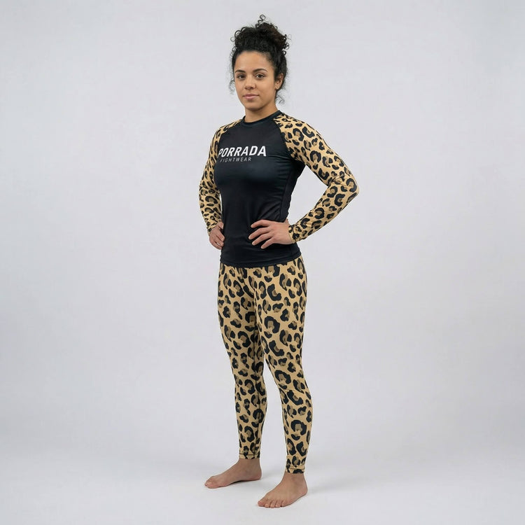 Athletic women’s long sleeve leopard rash guard for BJJ and MMA