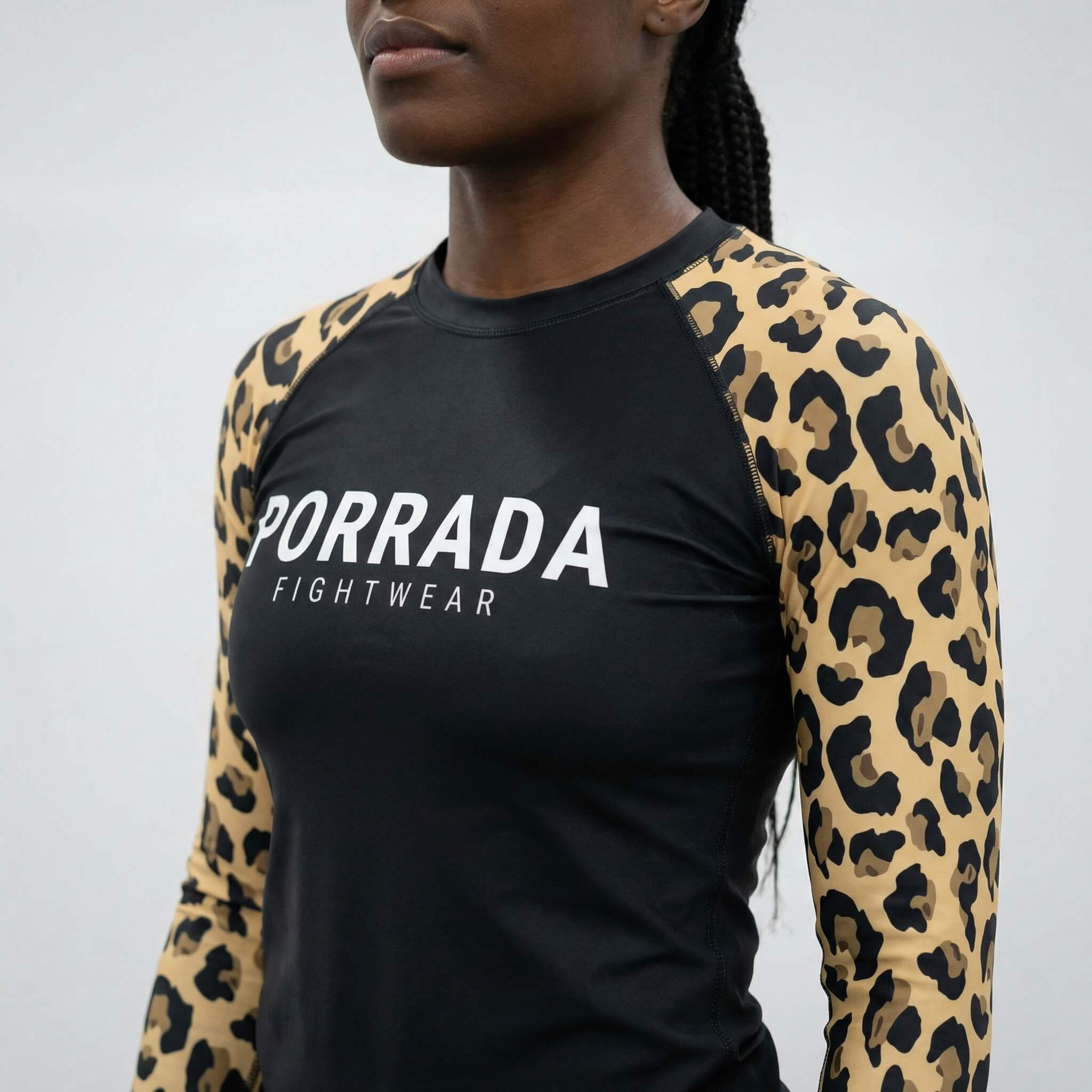 Women’s leopard print long sleeve rash guard for MMA or BJJ